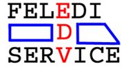 Text "FELEDI SERVICE" mit blauen Formen und roten Buchstaben E, D, V auf weißem Hintergrund.