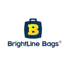 Blue and yellow "BrightLine Bags" logo with suitcase and letter B.