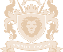 Wappen mit Löwenkopf und Krone, darunter steht "Agentur Emilian" auf einem Banner.