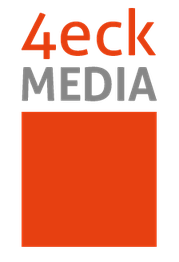 Logo mit Text "4eck MEDIA" auf schwarzem und grauem Hintergrund, darunter rotes Quadrat.