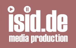 Textlogo: "isid.de media production" auf rotem Hintergrund, mit Play- und Pause-Symbolen oben links.