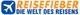 Logo mit Flugzeugsymbol, Text: "Reisefieber - Die Welt des Reisens" in Blau und Orange.
