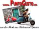 Frau auf blauer Vespa, Hintergrund rote Vespa, Text: "PuntoGusto - nur das Beste aus Italien und Spanien".