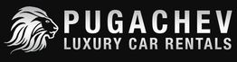 Logo with silver lion head and text: "Pugachev Luxury Car Rentals" on black background.