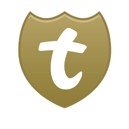 Escudo dourado com a letra "t" em branco no centro.