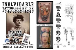 Cartel de tatuajes con imágenes de un tigre y una mujer, texto y datos de contacto.