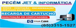 Banner da Pecém Jet & Informática com serviços de recarga, manutenção e contato (85)3315-1527.