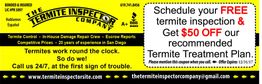 Yellow termite inspection ad with a $50 off offer for treatment plan. Call for 24/7 service.