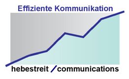 Grafik mit aufsteigender Linie, Überschrift "Effiziente Kommunikation", Text "hebestreit/communications".