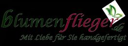Logo mit Schriftzug "blumenflieger" und Text "Mit Liebe für Sie handgefertigt" auf schwarzem Hintergrund.