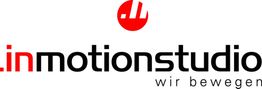 Logo von inmotionstudio mit rotem Kreis und dem Slogan "wir bewegen" darunter.