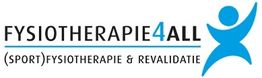 Logo met tekst: "Fysiotherapie4All" en blauw figuurtje. Onder: "(Sport)Fysiotherapie & Revalidatie".