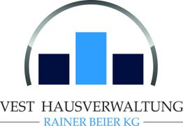 Logo mit blauem und schwarzem Balken, Text: "Vest Hausverwaltung Rainer Beier KG".