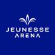 Logotipo da Jeunesse Arena em fundo azul com símbolo estilizado acima do nome.