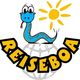 Comic-Schlange mit Sonne und Schriftzug "Reiseboa" auf Globus.