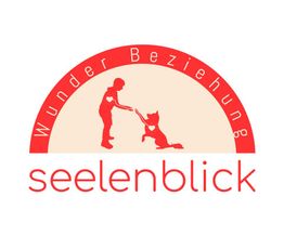 Silhouette von Kind und Hund unter rotem Bogen mit Text: "Wunder Beziehung seelenblick".