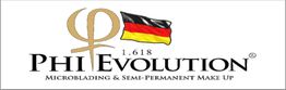 Logo von Phi Evolution mit deutscher Flagge, Text: Microblading & Semi-Permanent Make Up.