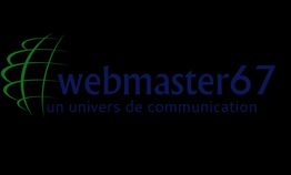 Logo "webmaster67", texte bleu sur fond noir avec un motif globe vert.