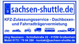 Blauweißes Schild: Sachsen-Shuttle.de, KFZ-Zulassung, Dachboxen- und Fahrradträgermiete.