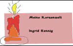 Eine rote Kerze mit Flamme, daneben Text: "Meine Kerzenwelt, Ingrid Kennig" auf rosa Hintergrund.