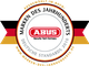 Abzeichen "Marken des Jahrhunderts" 2010 für ABUS, rot-weißes Logo in der Mitte, deutscher Text.