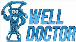Smiling blue water pump character with "Well Doctor" text in blue bold font.