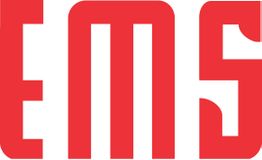 Rote Buchstaben "EMS" auf weißem Hintergrund, fetter, geometrischer Schriftstil.