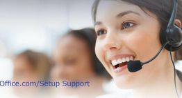 Smiling woman with a headset, providing setup support via Office.com.