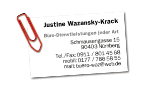 Visitenkarte mit Büro-Dienstleistungen, Adresse und Kontaktdetails. Büroklammer oben links.
