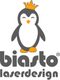 Ein Pinguin mit goldener Krone und der Schriftzug "biasto laserdesign" darunter.