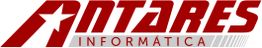 Logotipo vermelho "Antares Informática" com estrela estilizada à esquerda.