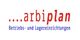 Logo mit Text: "...arbiplan Betriebs- und Lagereinrichtungen" in Blau und Rot.
