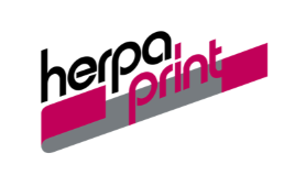 "Logo mit den Wörtern 'herpa print' in Schwarz und Pink auf grauem Streifen."