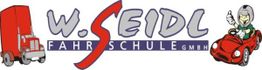 Logo der Fahrschule W. Seidl mit rotem LKW und Figur im roten Auto.
