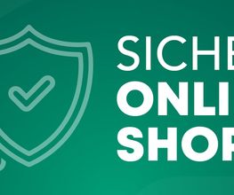 Grüner Hintergrund mit Schildsymbol und Text: "Sicher online shoppen".