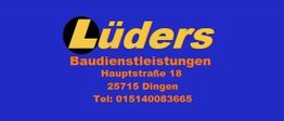 Blauer Hintergrund mit gelbem Logo "Lüders" und Kontaktdaten für Baudienstleistungen in Dinge.