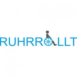 Logo mit Text "Ruhrrollt", Buchstabe "O" als Rollstuhlantrieb gestaltet.