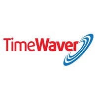 "TimeWaver-Logo in Rot mit blauen konzentrischen Kreisen rechts."