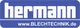 Blaues Logo mit dem weißen Schriftzug "hermann" und der Website "www.BLECHTECHNIK.de".