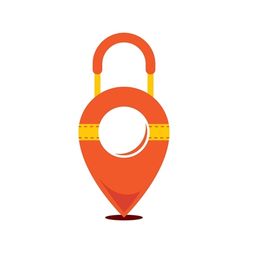 Ein orangefarbenes Punkt-Symbol mit Schloss und Gürtel auf weißem Hintergrund.