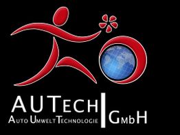 Logo der AUTech GmbH: Rotfigur mit Globus und Schriftzug "Auto Umwelt Technologie".
