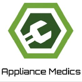 Green hexagon with a wrench icon, text: "Appliance Medics".