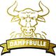 Goldener Stier mit Dampf, darunter ein Banner mit dem Wort "DAMPFBULLE".