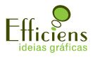 Logo com texto "Efficiens ideias gráficas" e elementos circulares verdes.