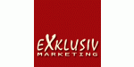 Rotes Logo mit dem Text "Exklusiv Marketing" in weißer Schrift.