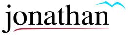 Schwarzer Text "jonathan" mit roter Unterstreichung und blauer Möwe oben rechts.