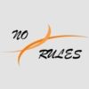 Textlogo „No Rules“ mit geschwungenem, orangefarbenem Streifen auf grauem Hintergrund.