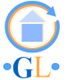Logo mit Haus, Pfeil und Buchstaben "GL" in Blau und Orange.