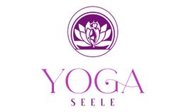 Lila Yoga-Logo mit sitzender Figur im Lotus, darunter der Text "Yoga Seele" in lila.