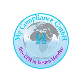 Logo mit Erdkugel, Paragraphenzeichen und Text: "My Compliance GmbH, Ihre EPR in besten Händen".
